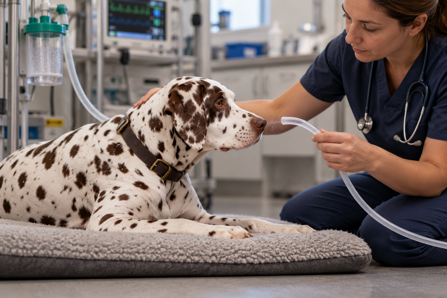Veterinár drží kyslíkovú hadičku pri nose vyšetrovaného psa